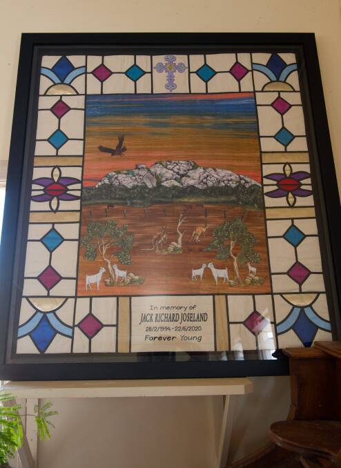 Wendy Blumson's lovingly crafted wall hanging in memory of Jack Joseland hanging in St Anne's Church, Yaraka. Pictures: Anne-Maree Lloyd