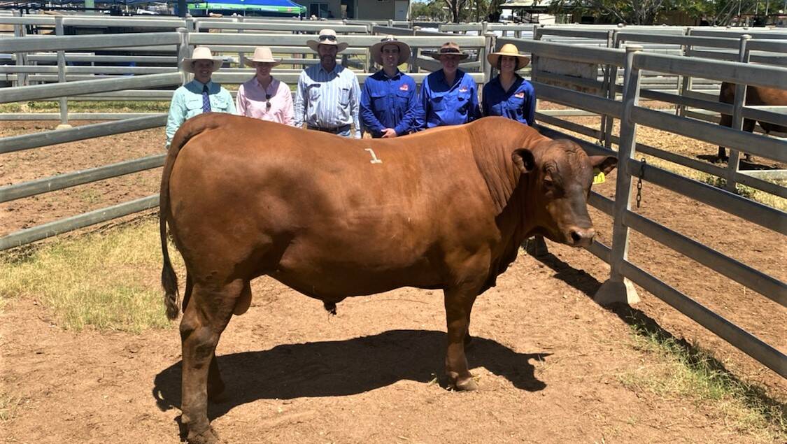 Beau Frame, Frame Rural Agencies, Trent Radel and daughter, Taroom and Augathella, vendors Simon, Rob and Jess Close, Kurra-Wirra, and the top priced bull.
