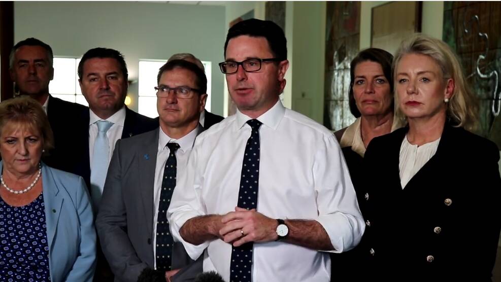 Federal National Party representatives fronting the media after the review by the Albanese government was announced. Picture supplied.