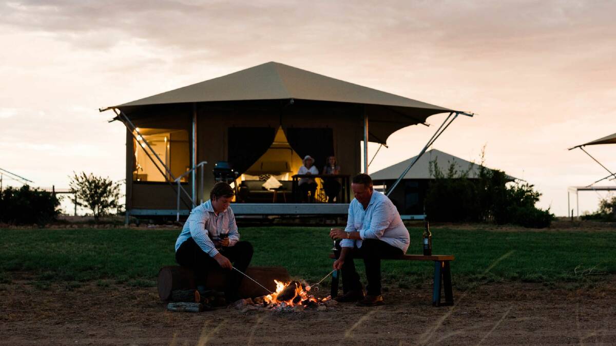 Sunset at the Mitchell Grass glamping tents in Longreach.