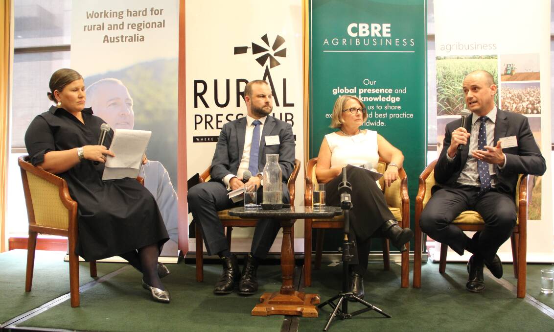 Panel discussion: Queensland Country Hour presenter Arlie Felton-Taylor, Urannah Water Scheme director John Cotter, Sunwater chair Leith Boully, and Riparian Capital Partners managing director Nick Waters. Pictures: Melody Labinsky.