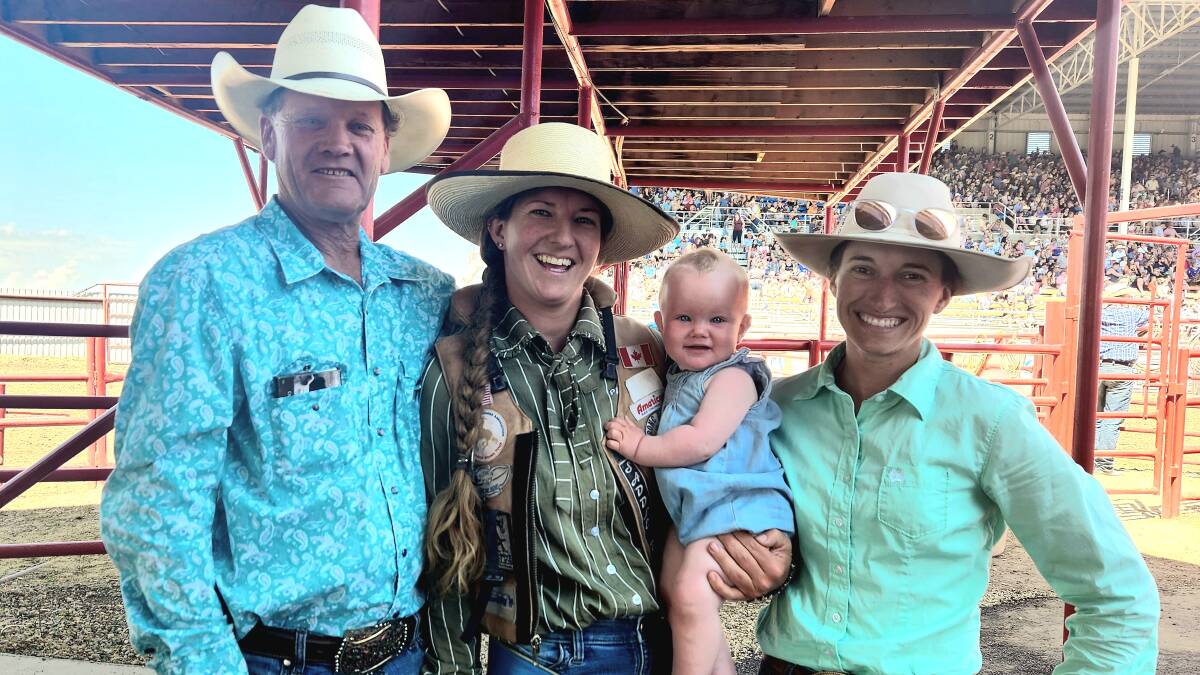 Canadian ranch bronc rider Pearl Kersey, second left, with her partner, Australian Tony Body, daughter Paige, and sister Nevada Rowe, following Pearl's successful ride at the Ponoka Stampede. PIcture: Sally Gall