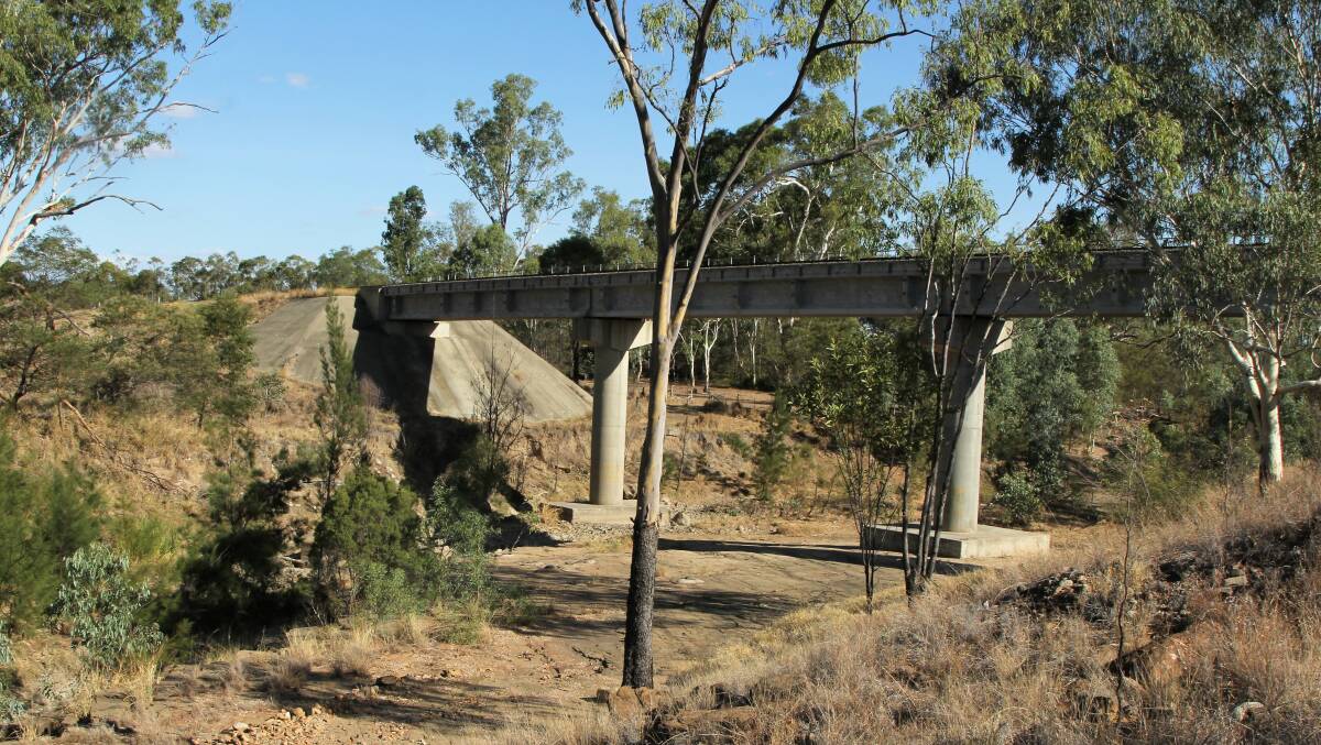 The railway bridge that currently crosses Medway Creek west of Bogantungan. The steam train plunged seven metres into floodwater here in the dark morning of February 26, 1960.