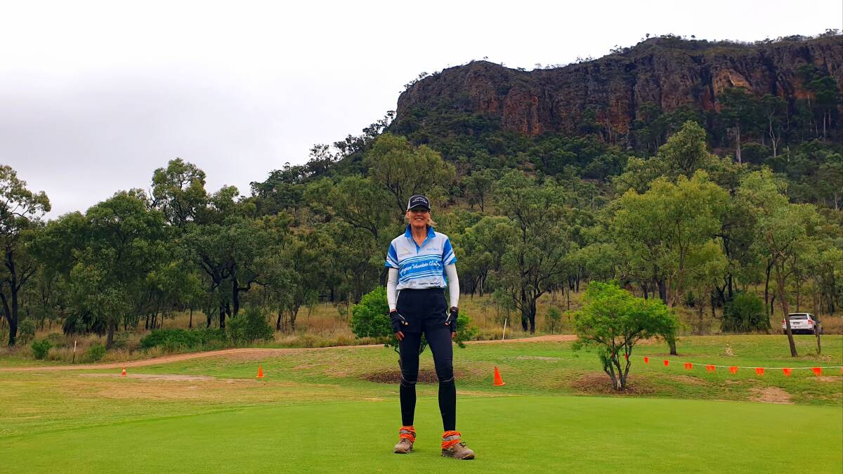 Mindy Durdin at the start and finish of the Springsure Mountain Challenge, at the town's golf course in the shadow of the Virgin Rock. Picture: Sally Gall