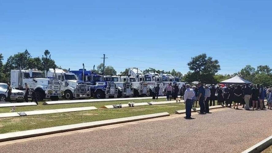 The Bird Scarer and the other prime movers making up a guard of honour at Cam Maxwell's funeral. Picture: Supplied