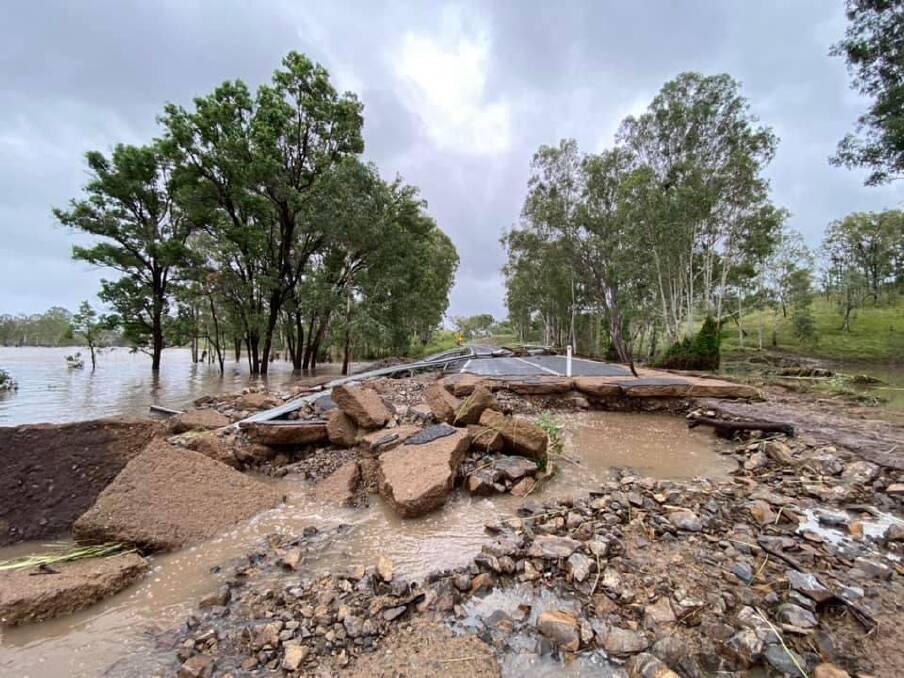 Some of the damage sustained at the junction of the Burnett Highway and the Murgon-Gayndah Road at Booubyjan. Picture: Georgia Beddows