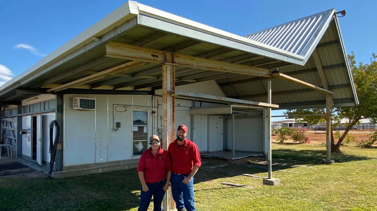 Erin and Jed Marks in front of the slaughterhouse they lease from Inland Rivers Meats. Picture: Supplied