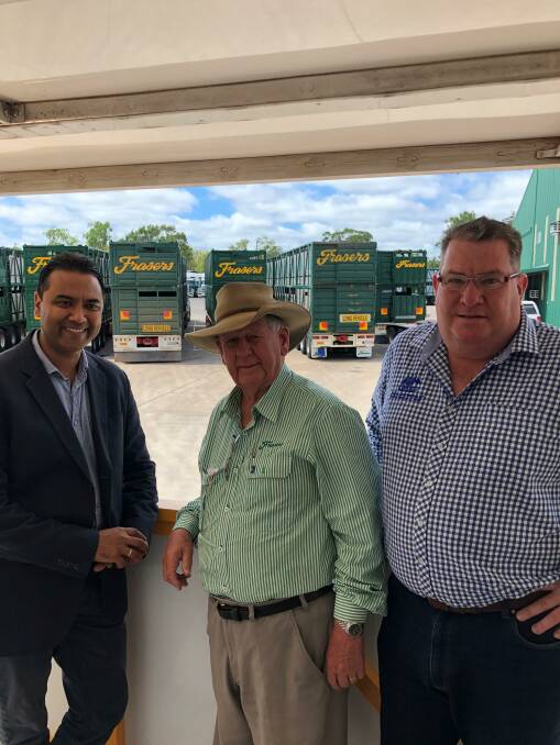 Dr Rolf Gomes, Heart of Australia, who spoke at the event, pictured with Ross Fraser, Frasers Livestock Transport, and Assistant Minister Scott Buchholz.