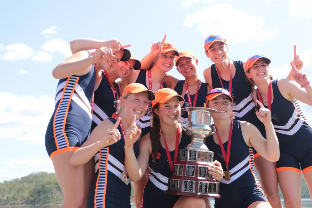 The St Margaret's first VIII celebrating the Head of the River win. Back row - Lily Devereaux, Pia Malouf, Rose Biddulph, Margot Lisle, Sophia Wightman, and Olivia Garland; front row - Rosie Turnbull, Shanelle Flute and Primrose Carrigan. Photo supplied.