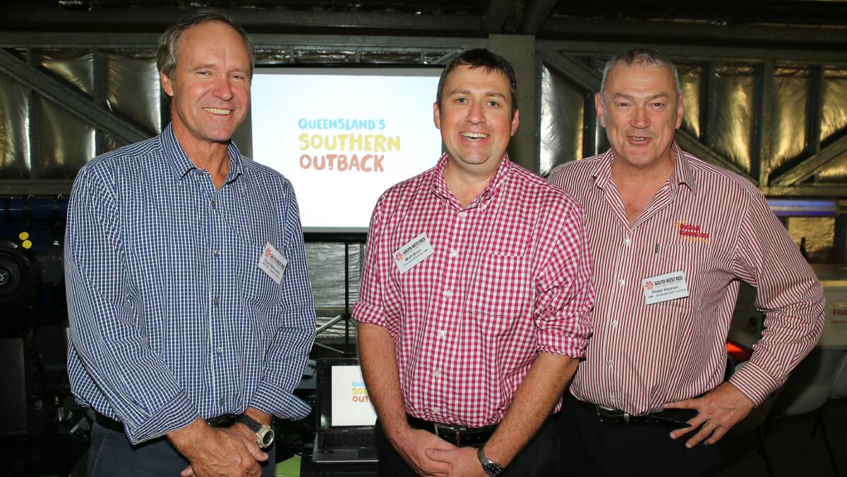Quilpie mayor and Outback Queensland Tourism Association chairman Stuart Mackenzie with Matt Bron, Tourism and Events Queensland, and Peter Homan, OQTA general manager. Picture: Andrea Crothers.