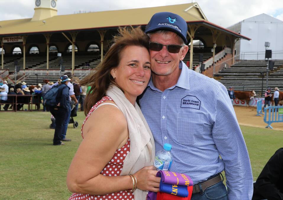 Linda and Kevin Hancock, North Coast Brahman Stud, Casino, NSW, and the clutch of ribbons won by North Coast Linnie. Picture: Sally Gall