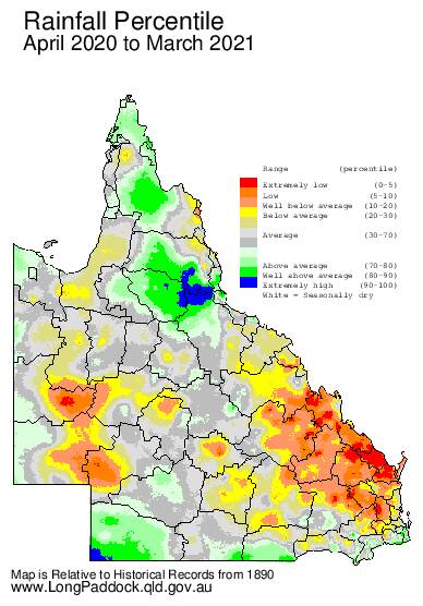 The rainfall percentile in Queensland for the last 12 months, from April 2020 to March 2021. Image - The Long Paddock.