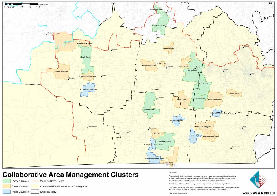 The latest map showing the six new clusters to be established throughout south west Queensland in blue, and the existing clusters established in pink and green.