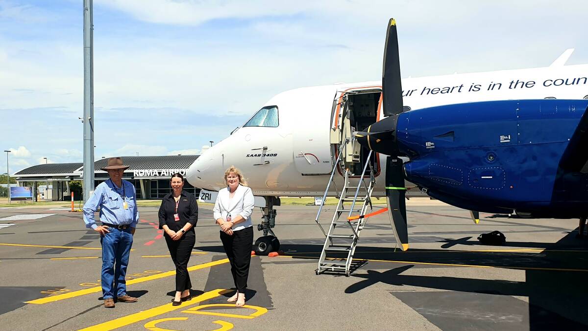 Rex Airline's general manager for sales, Anne Elliott, centre, with Maranoa Regional Council mayor Tyson Golder and Warrego MP Ann Leahy at Roma Airport. Pictures: Sally Gall