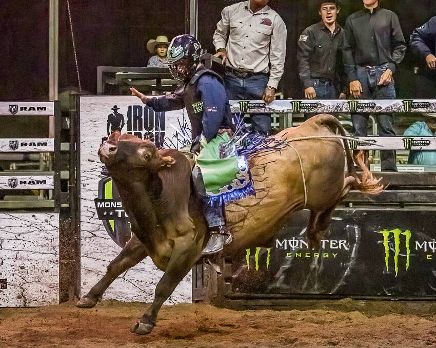 Ben Moran on his way to a 76 point ride at the PBR Rising Stars event in Rockhampton last September. Pictures supplied.