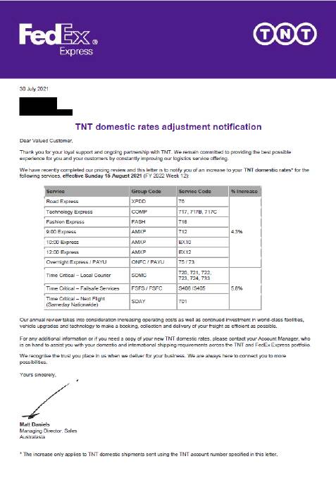 A redacted version of the letter sent out by TNT to a customer already adversely affected by the company's decision to stop transporting firearms to its customers in regional areas.