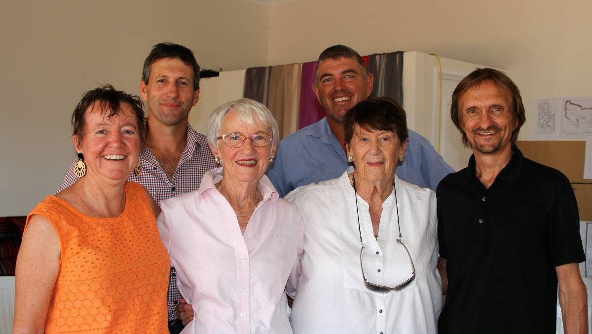 Summer Land Camel Dairy principals, Jeff Flood and Paul Martin, with members of the extended Chauvel family that spoke on the day - Sally Gall, Blackall, Jan Gall, Toowoomba, Sally Ridgeway, Texas, and Ric Carlsson, Toowoomba.