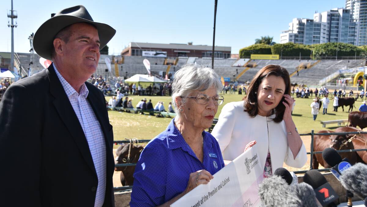 Agriculture Minister Mark Furner, Queensland Country Women's Association president Joy Coulson and Premier Annastacia Palaszczuk making the drought appeal announcement at the Ekka. Photo - Jessica Johnston.