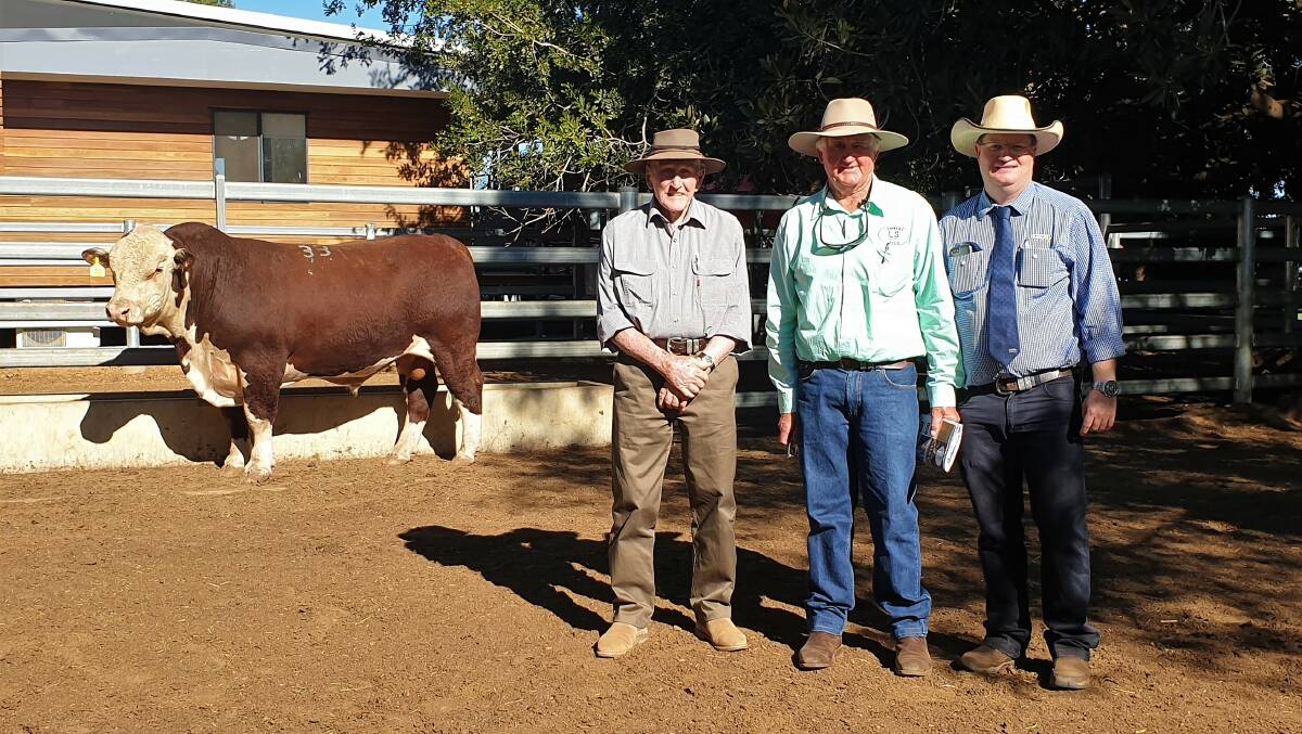 Lambert Nardoo pictured with purchaser Don Lloyd, Cootabynia, Blackall, vendor Pat Bredhauer and GDL stud stock sales representative Mark Duthie.