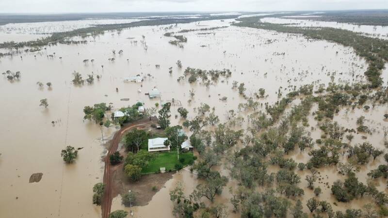 An aerial view of Hope and Ravensbourne Creeks converging around the Athol Station homestead west of Blackall on Thursday. Pictures - James Moller.