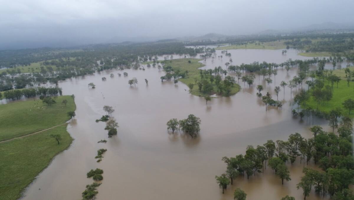 Dion Williams' drone photograph of Munna Creek at Ivanhoe, Glenbar. He says the flood event was 'way bigger' than what hit them in 2013.