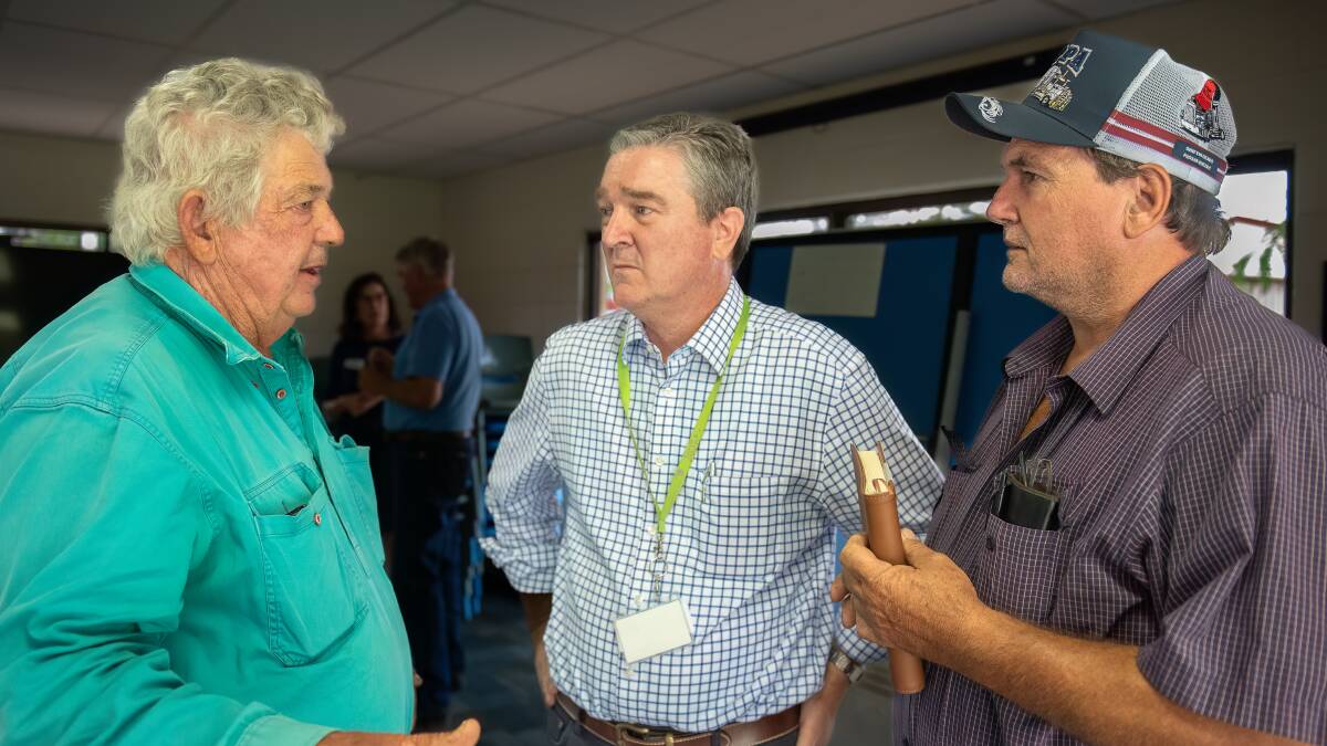 Central Highland mayor Kerry Hayes, centre, with John Finger, Billabalong, Rolleston, and Hayden Jones, Old Somerby, Comet at one of last week's community meetings. Picture: Supplied