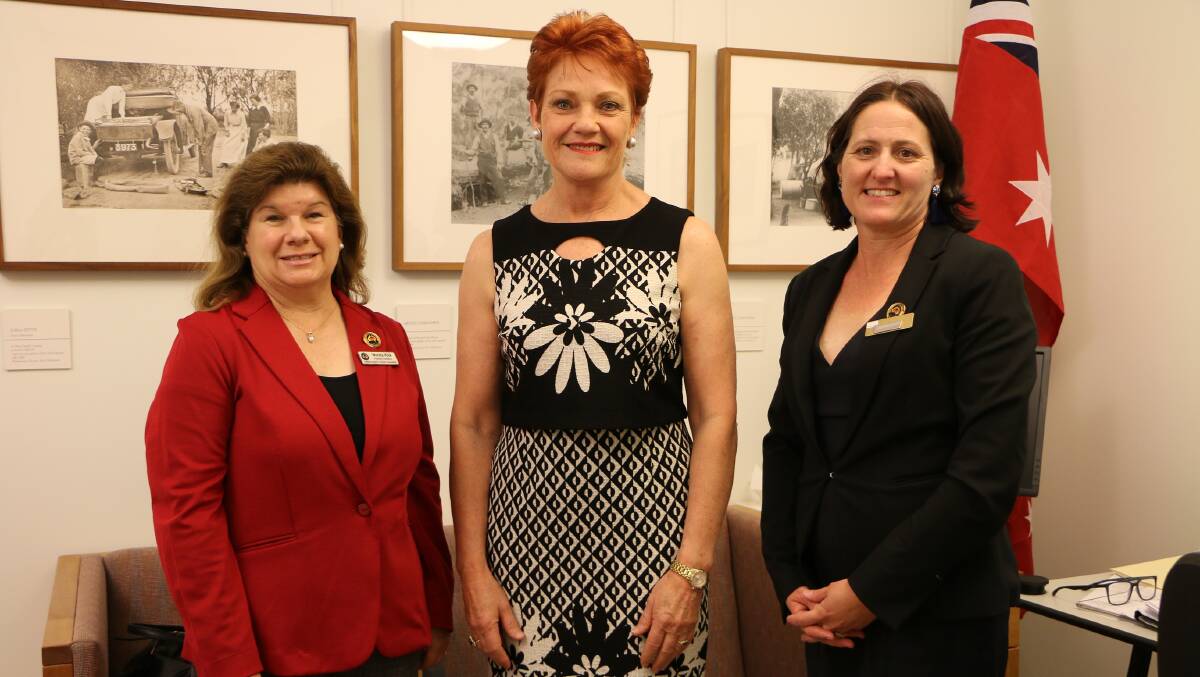 Senator Pauline Hanson, centre with ICPA's immediate past federal president Wendy Hick and current president Alana Moller, at Parliament House in Canberra last week. Photo supplied.