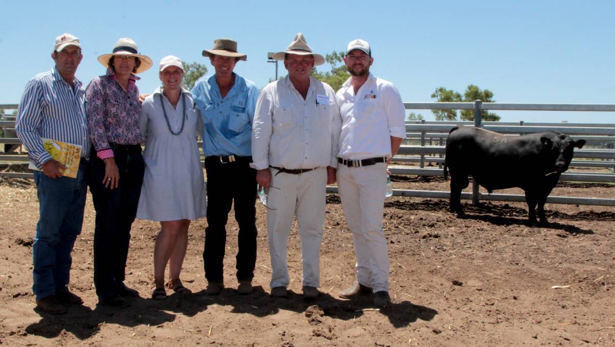 Top price: Pathfinder Docklands K670, pictured with Andrew and Cathie Fernie, Riverview, Clermont, vendors Sara and Nick Moyle, Topstock's James Lilburne and auctioneer Miles Pfitzer. Pictures: Sally Cripps.
