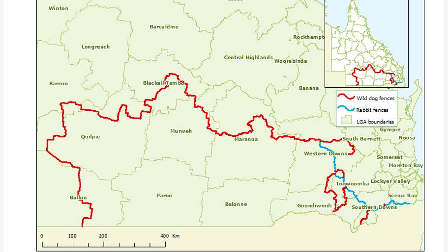 A map published by the Queensland government showing where the Wild Dog Barrier Fence and Wild Dog Check Fence run through the state.