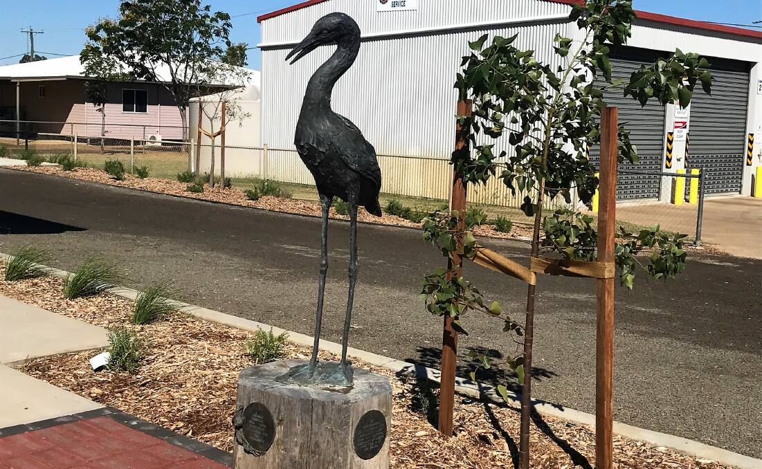 A bronze stork and plaque relocated from the old Aramac Hospital to the grounds of the new primary health centre. The plaque on the stork plinth commemorates the centenary of the old Aramac Hospital from 1909 to 2009. The paving stones around the stork, also relocated from the old hospital, bear the names of local residents and former staff of the old hospital who have in the past provided donations, support and service to the old hospital.