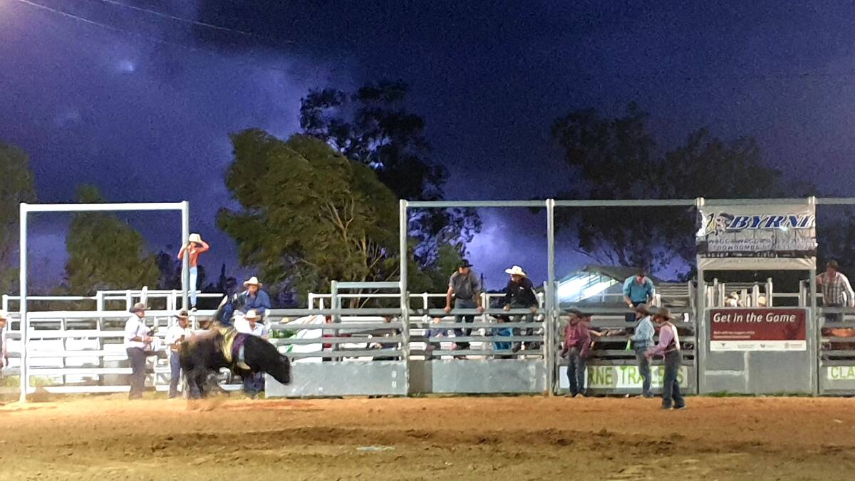 A spectacular thunderstorm cut short the last bullriding section of the Ride 4 Abbie event, shortly after Charlie McLellan rode the feature mini bull for an extra prize. Picture: Sally Gall