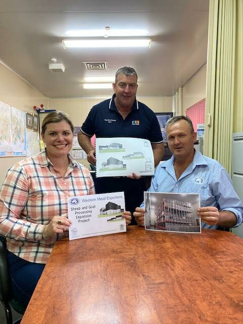 Assistant Local Government Minister Nikki Boyd, Murweh Shire Mayor Shaun Radnedge, and Western Meat Exporters managing director Campbell McPhee looking over the plans for the Charleville abattoir's expansion.
