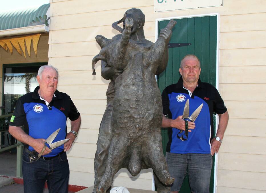 New Zealand blade shearers, Peter Casserly and John Kennedy paid tribute to Jack Howe at Blackall's 150th anniversary celebration. Picture - Sally Cripps.