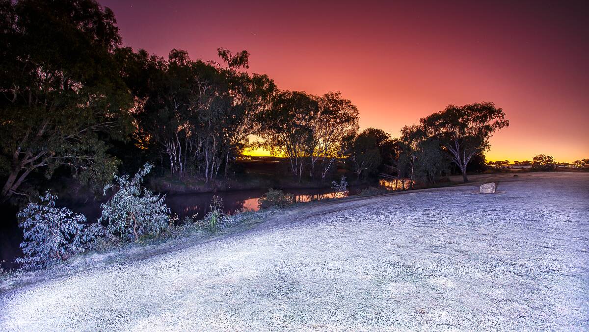 Frost on the ground at Warwick, beside the Condamine River, where a ground temperature of -5.5 was recorded before dawn. Picture: Chris McFerran, SE Qld Weather Photography