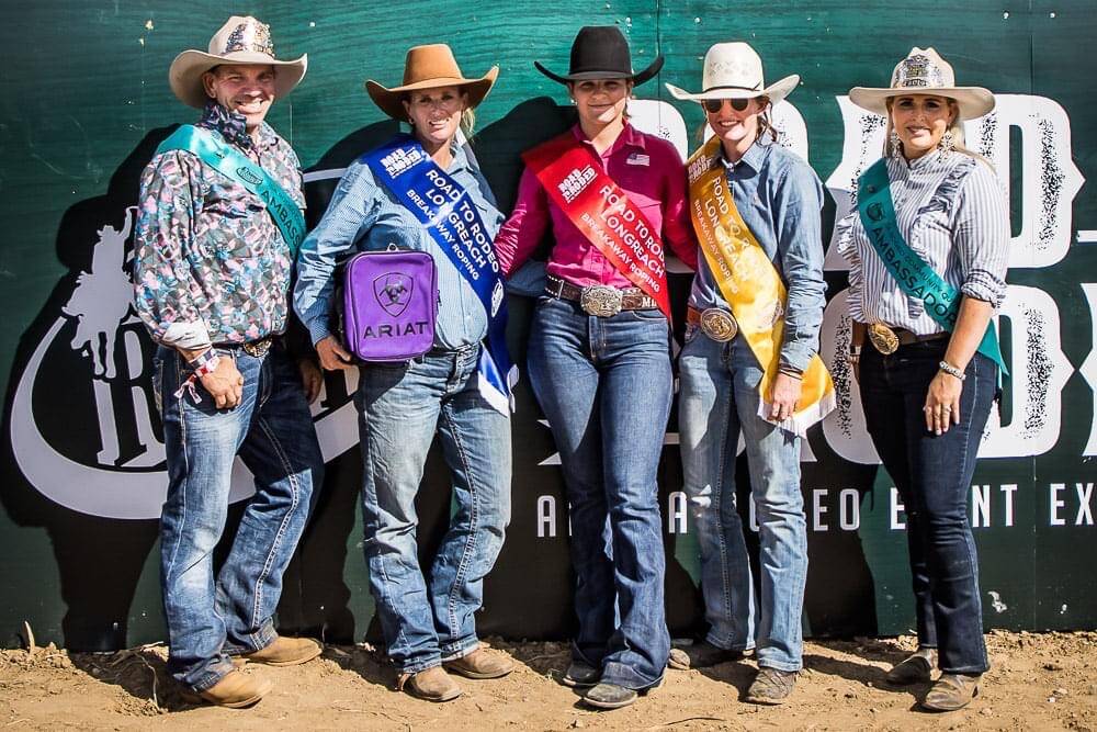 Jane Ryan, second left, along with fellow placegetters Maisy Hetherington and Ellysa Kenny, and Mount Isa rodeo ambassadors Tony 'Tonka' Toholke and Aimee Sewell. Picture supplied.