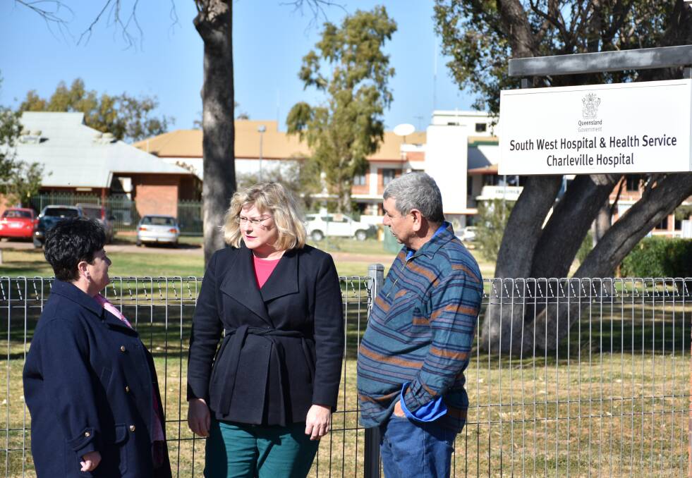 Warrego MP Ann Leahy, centre, with Charleville's Terri and David Fitzgerald, who had to drive to Roma when David had suspected appendicitis, due to the lack of diagnostic equipment in Charleville.