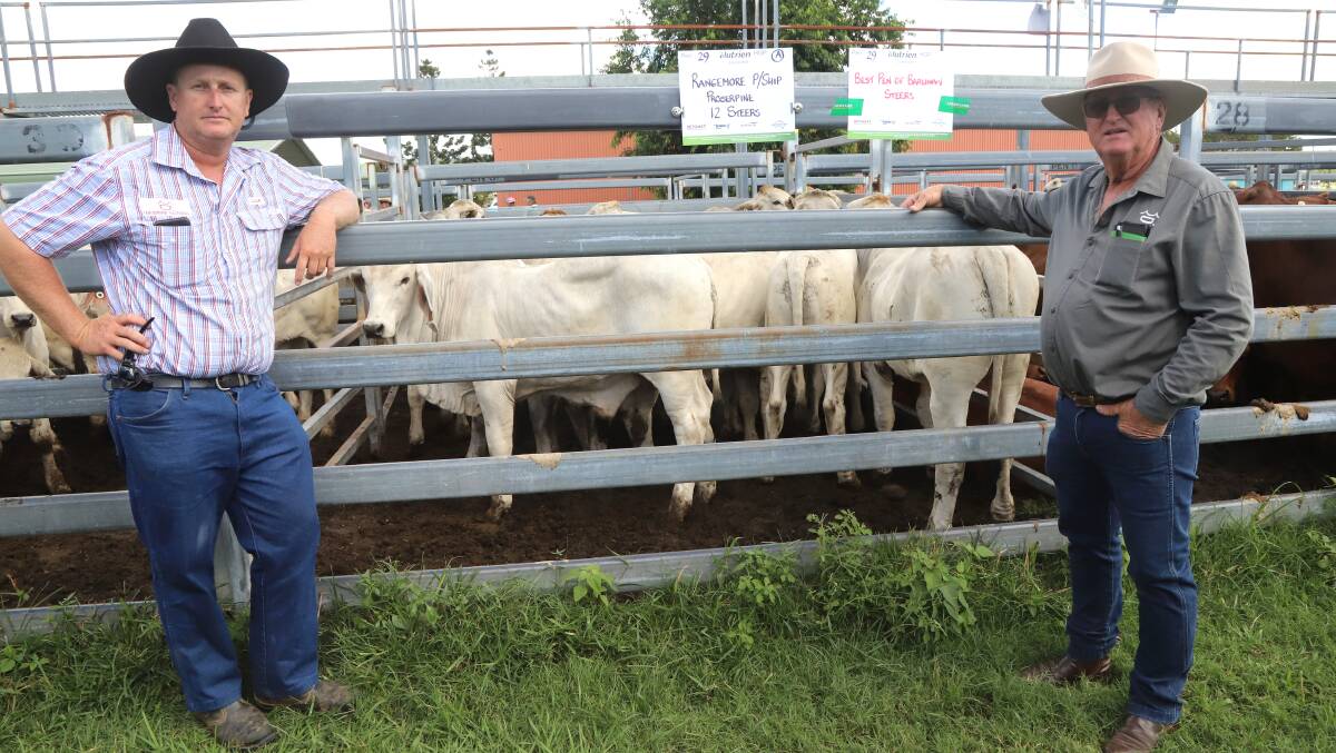 Liam and Bill Davies, Rangemore, Prosperpine, with their champion pen of Brahman steers. Picture: Sally Gall