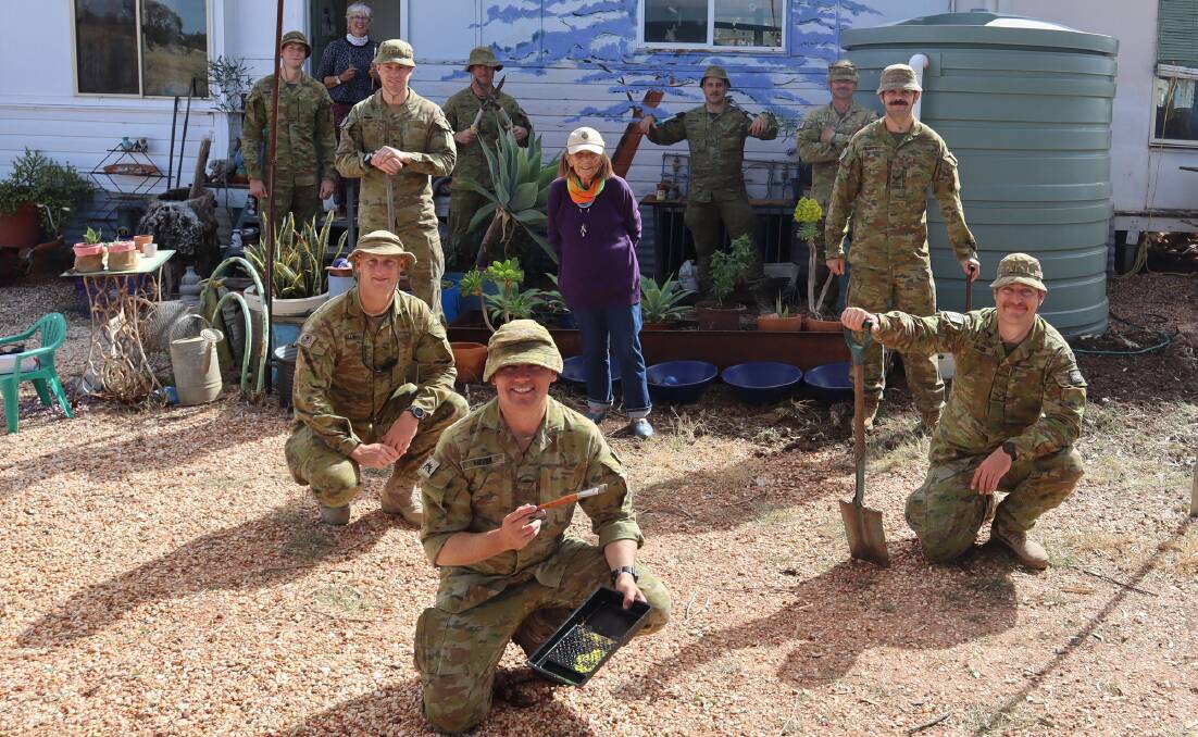 Soldiers from the from the 6th Battalion, Royal Australian Regiment, assisted with yard work at Tonia Ellis' home in Hebel. (Rear L-R) Private Levi Lewis-Smith, Lieutenant Matthew Benn, Private Maeson White, Private Reilly Dalton, Private James Hayes, and Corporal Keith Hughes. (Front L- R) Lance Corporal Justin Wells, Lance Corporal Gregory Meyer and Lance Corporal Jake Mason. Pictures - Chaplain Stan Fetting.