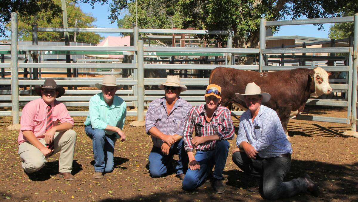 Repeat buyers: Lambert's Scott Bredhauer, second left, with Justin, Bevan, Karl and Tony Hauff, Colart and The Springs, Blackall. Pictures: Sally Cripps.