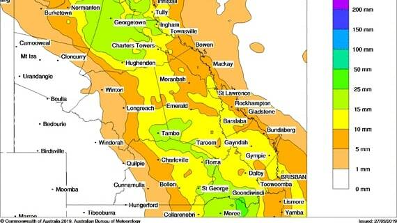 The Bureau of Meteorology rain forecast map for southern and central Queensland on Saturday.
