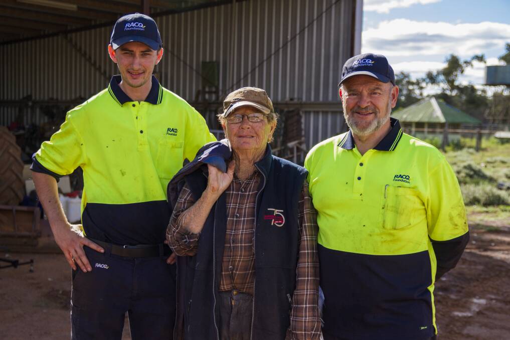 RACQ Roadside Assistance crew members Robert Burke and Albert Budworth with Mary Gordon at her Cooladdi property, Wooyenong. Photos supplied.