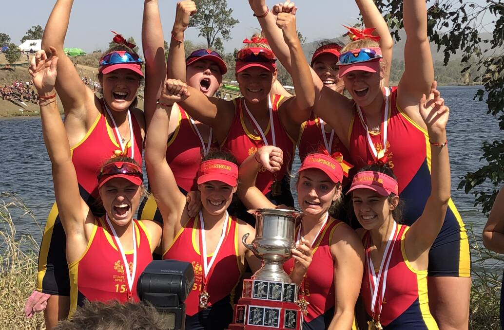 Triumphant Stuartholme: back - Elke Marriott, Belle Townsend, Phoebe Robinson, Genevieve James, Lucy Hope; front - Sophia Tully, Quilpie, Sophie Marriott, Emma Tucker, Grace Gaston, Hay, NSW. Photo - Annabel Tully.
