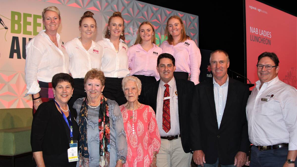 Karen Penfold and her four daughters Molly, Bonnie, Matilda and Jemima, with St Peters Lutheran College boarding representative Kim Holman, proud grandmothers Barbaa Donaldson and Mary Penfold, Stuart Delaney, SPLC, Dan Penfold, and NAB Roma branch manager Jason Coonan, some of the people who have contributed to the Four Daughters beef brand.