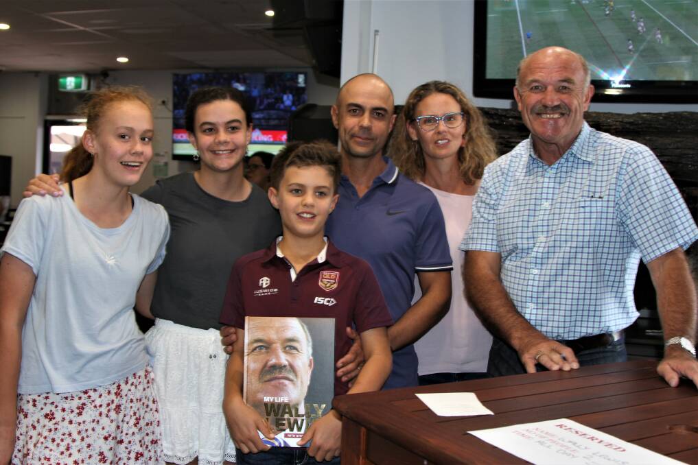 Meeting the king: The Ferrier family - Ruby, Lily, Henry, Duncan and Karita - loving meeting Wally Lewis. Like many in Roma, Duncan has a Queensland Maroons association through his second cousin Willy Carne. Pictures: Sally Gall.