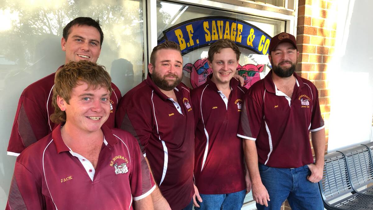 Finishing up after another busy day at BF Savage and Co butchery in Longreach are Jack Carter, Mitchell Dixon, Brendon Collins, Jack Clements, and Jed Marks.