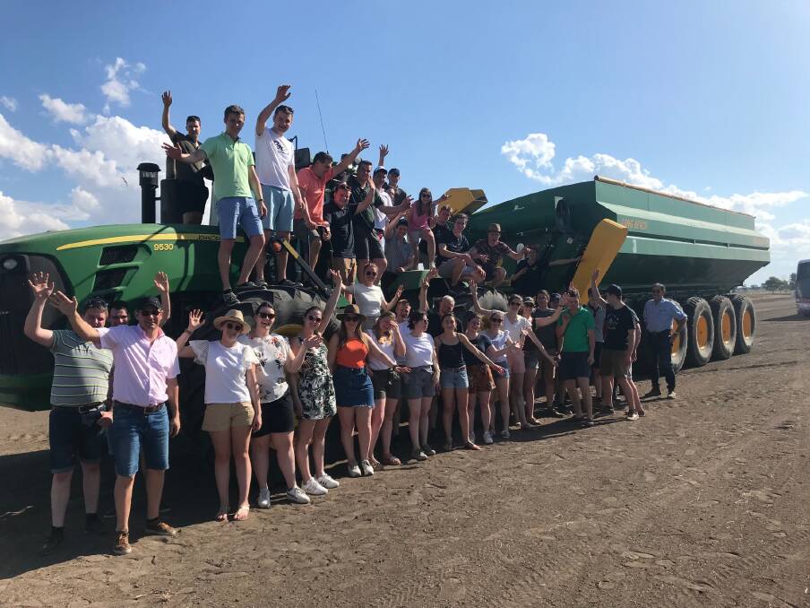 The Belgium university group visited the Kurstjens family's dryland farming operation at Moree on their trip through NSW and Queensland. Picture supplied.
