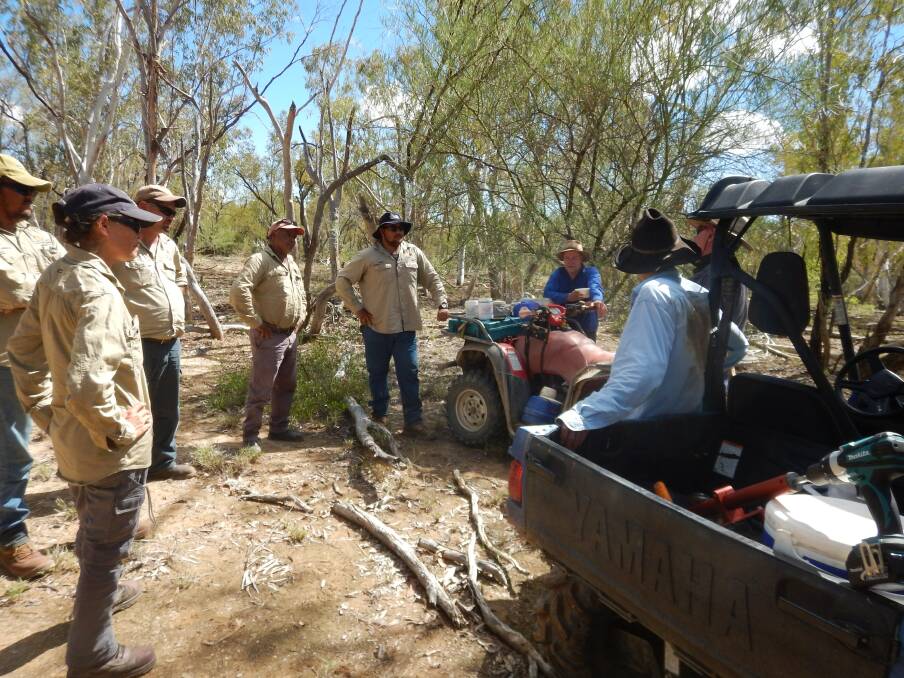 Lake Eyre Basin indigenous rangers learnt the finer points of Di-Bak application from Bioherbicides Australia’s Ken Coulter. Photo supplied.