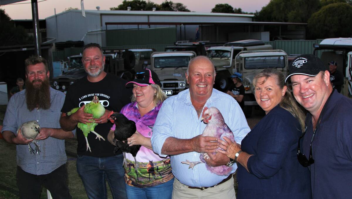 Royal Carrangarra Hotel publican and chicken racer Ben Casey, Long Drive for Drought organiser Brent Reeman, Drought Angels founder Tash Johnston, Blackall-Tambo mayor Andrew Martin, councillor Pam Pullos, and Steele Johnston. Picture - Sally Gall.