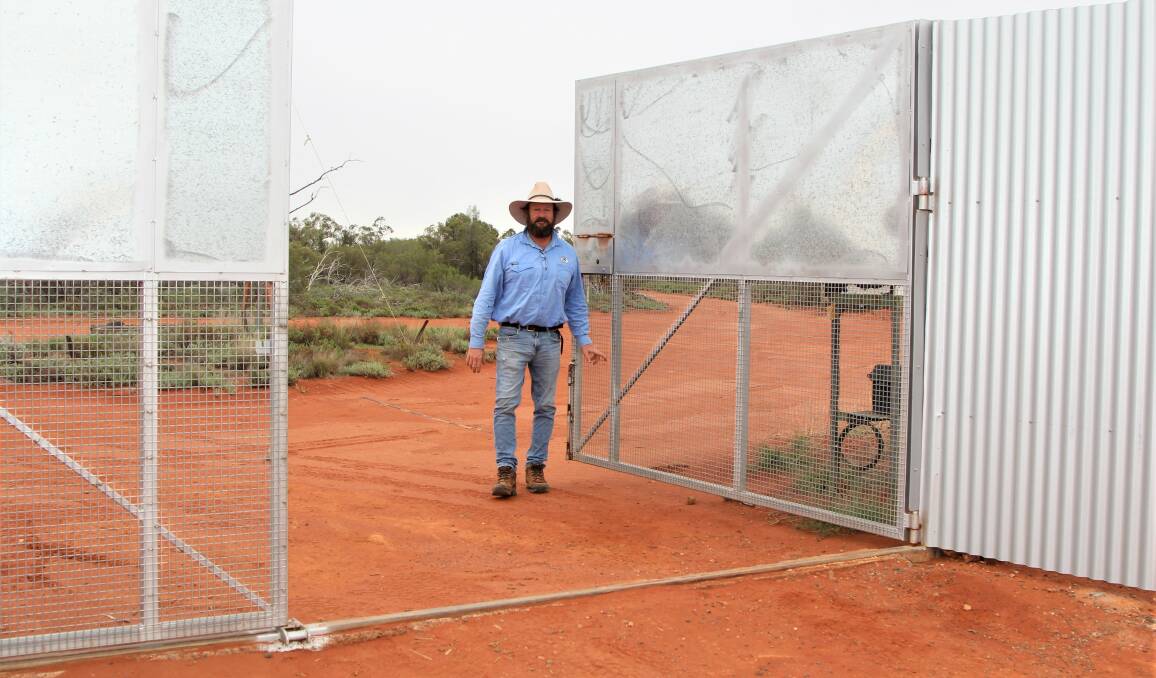 The predator-proof fence at Currawinya National Park, with Save the Bilby Fund CEO Kevin Bradley at the gate, aims to help build a population of 400 free-living bilbies. Picture: Sally Gall
