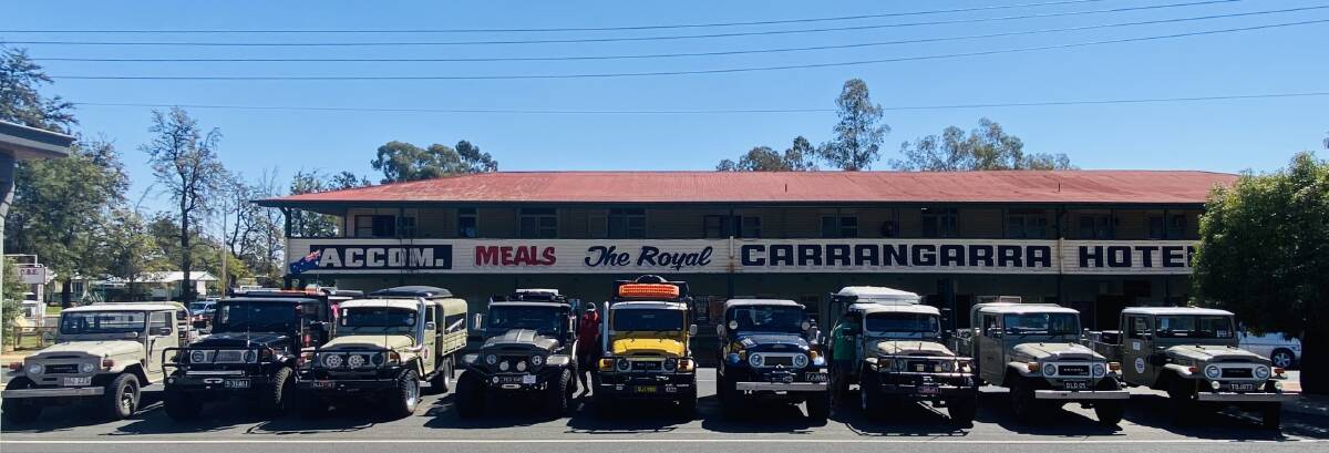 Tambo's Royal Carrangarra Hotel makes for a great backdrop for the iconic 40 Series Landcruisers. Picture supplied.